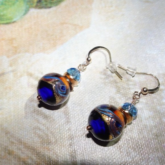 Handcrafted Murano earrings in deep blue and gold - Picture 5 of 6